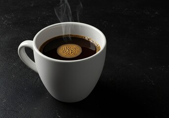 A steaming cup of coffee sits on a dark, textured surface, showcasing the rich, dark liquid inside. The cup is white and has a simple, modern design.