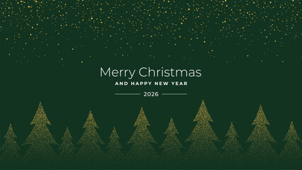 Merry Christmas and Happy New Year 2026 greeting banner with golden polka dot Christmas trees and falling snow. Holiday card design.