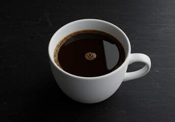A white ceramic cup filled with black coffee sits on a dark textured surface. The scene captures the simplicity and elegance of the coffee presentation.