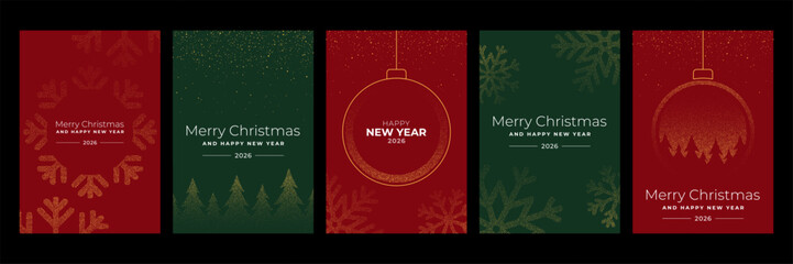 Collection of Christmas and Happy New Year 2026 greeting card designs. Vector illustration set with festive elements and holiday wishes.