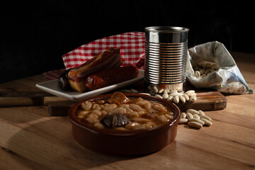 Rustic fabada asturiana stew with beans chorizo and morcilla