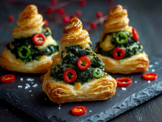 flaky puff pastry spinach and ricotta Christmas trees decorated with sliced red and green chillies arranged like festive baubles