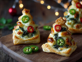 flaky puff pastry spinach and ricotta Christmas trees decorated with sliced red and green chillies arranged like festive baubles