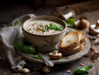 a warming bowl of cream of mushroom soup decorated with toasted pine nuts