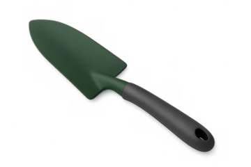 Green gardening trowel with grey handle, essential tool for planting, digging, and cultivating soil isolated on transparent background