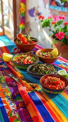 Fototapeta premium Colorful Variety Of Salsas In Ceramic Bowls On A Vibrant Striped Tablecloth