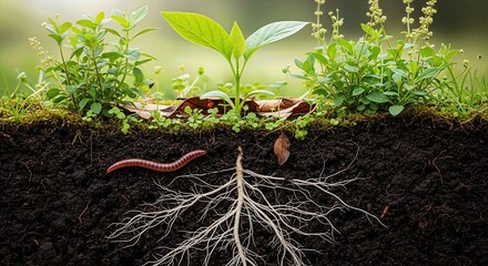 Earth layers, plant roots, organism activity, soil cross section, growing green vegetation, subterranean ecosystem, natural subsurface structure, healthy soil profile, organic matter