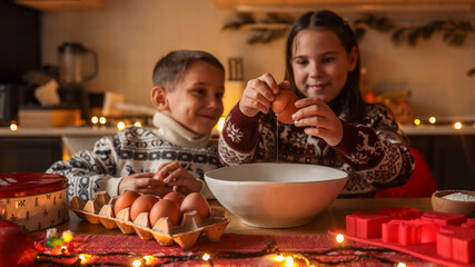 Children baking Christmas cookies together in a cozy, festive kitchen setting