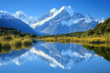 Mountains reflected in calm turquoise lake