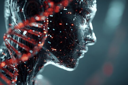 Pioneering genetic insights through advanced data analysis. Ai evolution. Genetics specialist delving deep into digital dna sequences in a high-tech lab. Synthetic consciousness. - Powered by Adobe