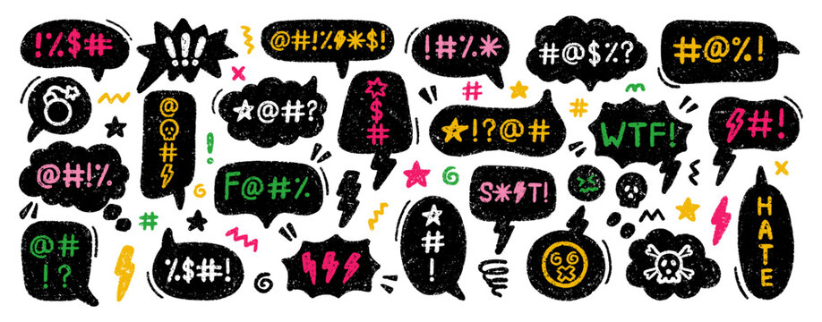 Comic speech bubble with swear word and hate. Hand drawn sketch of a grumpy text balloon with curse or insult by pencil and charcoal doodle. Rude profanity censorship in scribble talk cloud