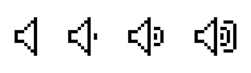 Speaker icons set, sound volume levels, pixel style, audio symbols, Pixel art, Vector illustration.