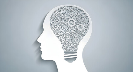 Human Head Silhouette with Gears and Lightbulb Symbolizing Innovation