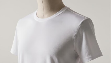 A clean white t-shirt on a mannequin against a soft, neutral background