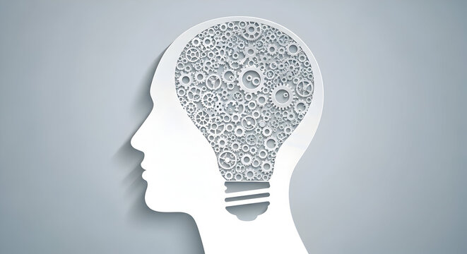 Human Head Silhouette with Gears and Lightbulb Symbolizing Innovation