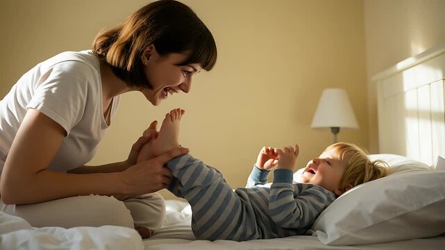 Playful mother-child bonding moment on bed, mother tickling child's feet, cheerful laughter filled