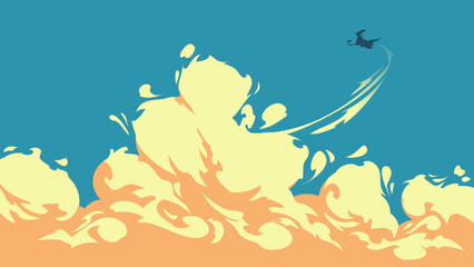 Whimsical flight a silhouette of a witch above explosive cloud