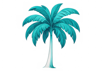 Teal tropical palm tree illustration, vibrant exotic plant, stylized nature element, isolated with transparent background