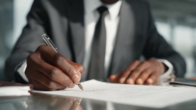 Legal Precision: A focused individual, handsomely attired in a suit, meticulously signs a crucial document, emphasizing commitment, accountability, and the significance of every detail.