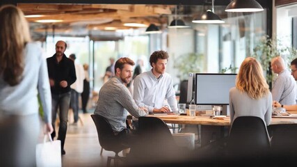 Modern Office Vibe: Capturing a dynamic corporate atmosphere, the image highlights a bustling office scene filled with individuals engaged in work and collaborative activities.