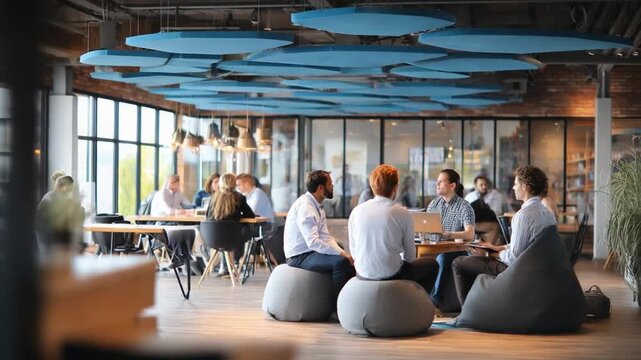 Modern Office Dynamics: A vibrant, collaborative workspace where individuals are engrossed in brainstorming and communication, creating a dynamic environment that promotes productivity.