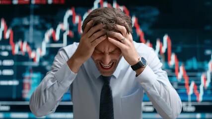 Stock Market Downfall: An image captures the raw emotion of a businessman overwhelmed by the turbulent fluctuations of the stock market, reflecting the stresses and uncertainties of finance.