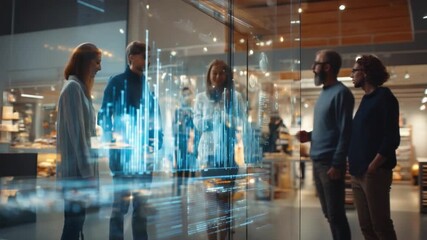 Future Insights: A forward-thinking group explores a holographic representation of business metrics, innovation, collaboration and strategy. - Powered by Adobe