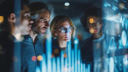 Analyzing Data: Focused experts collaborate around an interactive display, immersed in the complexities of data analysis, visualizing trends and uncovering insights. The scene radiates intelligence.