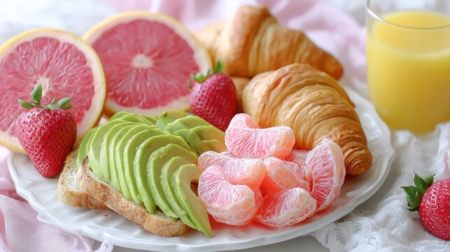 Assortment of fresh fruits and baked goods arranged attractively on a plate for a morning meal