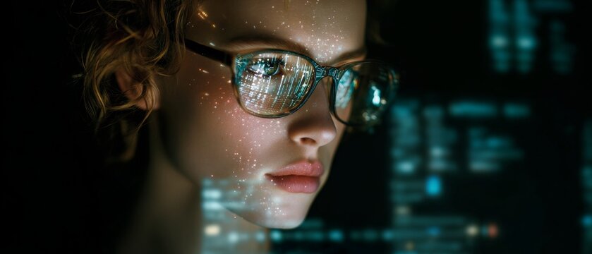 Innovative minds: women leading in digital data exploration. Economic indicators. Young woman engrossed in digital holographic data analysis. Analytics dashboard. Data insights.