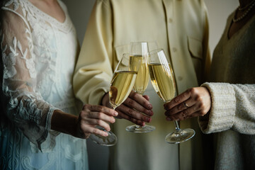 Friends celebrating Christmas or New Year eve party with champagne or sparkling wine.