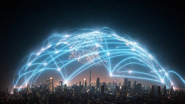 Digital Network Over Urban Panorama: Futuristic depiction of a city's skyline, interconnected by a web of digital pathways, representing a global network, and innovative progress.