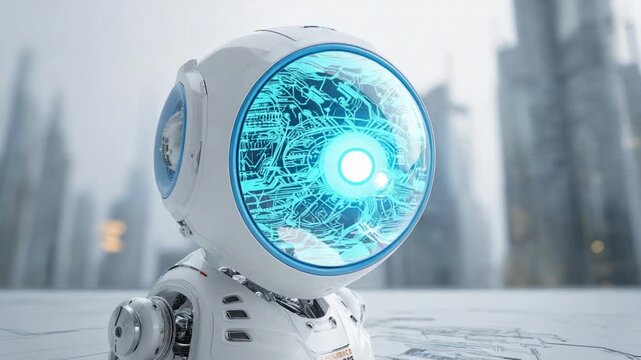 Cybernetic Gaze: A futuristic robot with a glowing blue eye, set against a backdrop of a modern cityscape, it embodies technological advancement and innovation.
