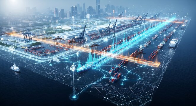Global industrial network connectivity concept featuring world globe with cargo icons, connected trade routes, regional flags and industrial zones illustrating international logistics 