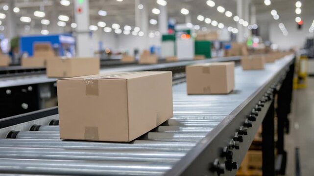 Cardboard box on metallic conveyor belt inside a warehouse. Logistics, shipping, automation, and modern industrial distribution concept.