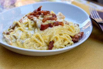 Fresh pasta    tonnarelli alla carbonara and Aperol Spritz  at  typical italian resaturant at Trastevere   neighbourhood at Rome 