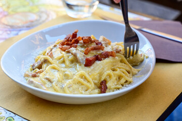 Fresh pasta    tonnarelli alla carbonara and Aperol Spritz  at  typical italian resaturant at Trastevere   neighbourhood at Rome 