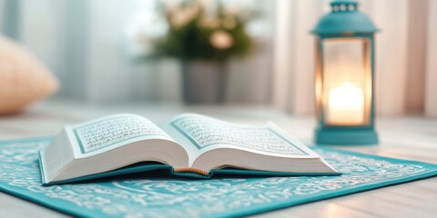 Obraz premium Serene Ramadan Atmosphere with an Open Quran, Lantern, and Soft Lighting Aesthetic in Close-Up