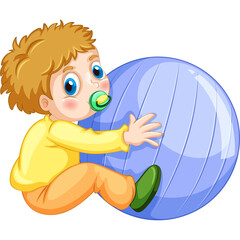 Cartoon Toddler Boy With Blonde Hair Blue Eyes Pacifier Yellow Long Sleeve Shirt Orange Pants Green Shoes Holds Light Blue Exercise Ball with Transparent Background