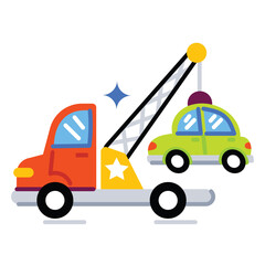 Cartoon Tow Truck Hauling a Green Car with a Transparent Background