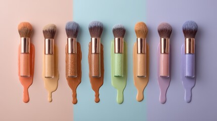 Row of eight cosmetic brushes resting on swatches of colorful, viscous beauty product