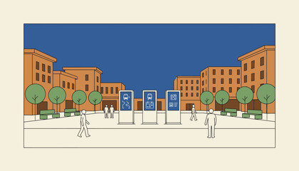 A pedestrianfriendly plaza with integrated digital information kiosks displaying realtime public transit information and local events.