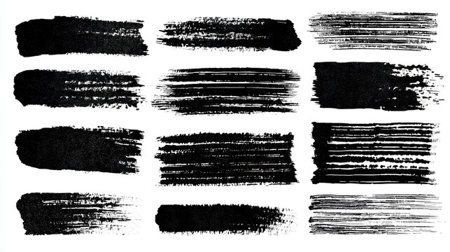 Straight line vector brush strokes. Black hand drawn stripes, smears. Chinese or Japanese calligraphy brushstrokes set. Rough grunge thick paint line texture. Vector sketch rectangle text boxes Stock
