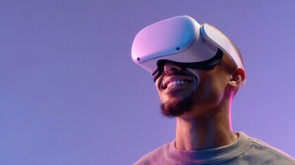 Contented young man wearing a virtual reality headset against a purple background experiences immersive digital content