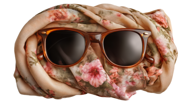Stylish Sunglasses And Floral Silk Scarf Flat Lay On White Background - Powered by Adobe