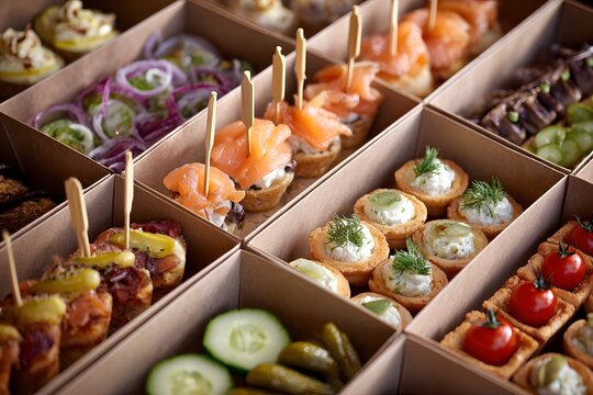 Variety of appetizers are displayed in boxes, including some with pickles and others with cheese