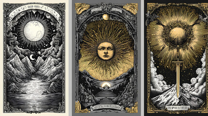 Tarot card doodle frame, magic fantasy game border set vector hand drawn spiritual sign occult print. Vintage astrology witchcraft deck template, reverse side design, sword, sun, moon. Tarot frame kit