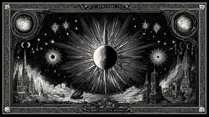 Tarot card doodle frame, magic fantasy game border set vector hand drawn spiritual sign occult print. Vintage astrology witchcraft deck template, reverse side design, sword, sun, moon. Tarot frame kit