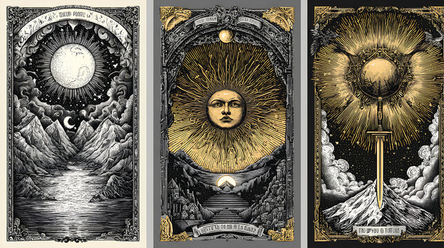 Tarot card doodle frame, magic fantasy game border set vector hand drawn spiritual sign occult print. Vintage astrology witchcraft deck template, reverse side design, sword, sun, moon. Tarot frame kit