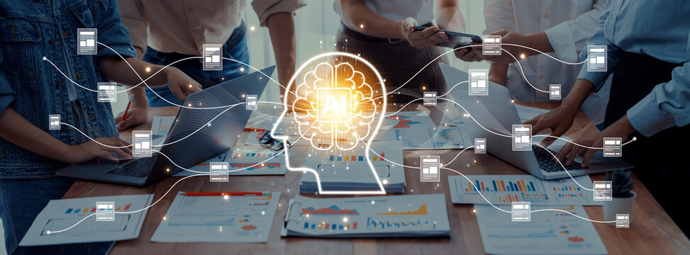 A dynamic business team collaborates in a modern workspace, utilizing innovative technology and data analysis tools to drive creativity and productivity for successful outcomes. Trope - Powered by Adobe